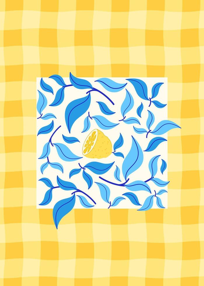 Summer lemon illustration on yellow checkered background. Bright Mediterranean design template for postcard, poster, flyer, banner, cover. vector