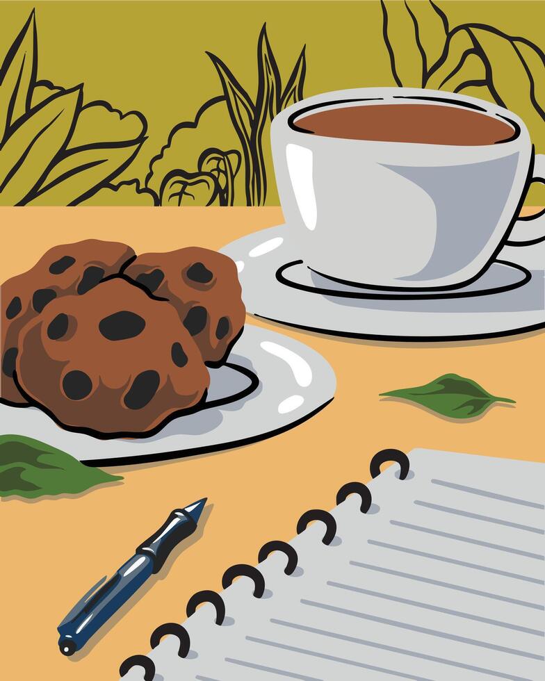 Coffee with cookies and a notebook vector