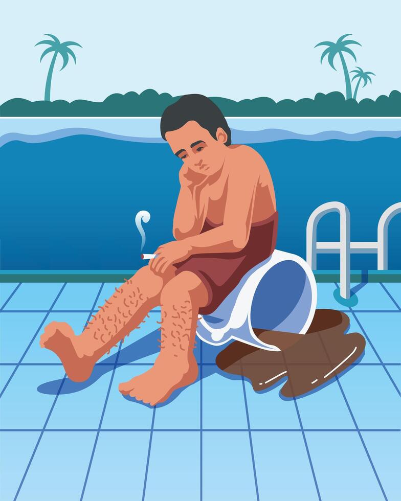 Boy sitting by pool with cigarette vector