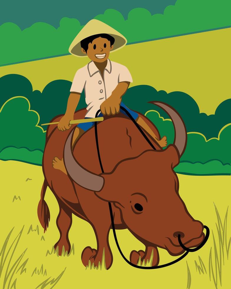 Boy riding a water buffalo vector