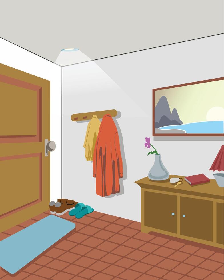 Colorful entryway with coats and decor vector