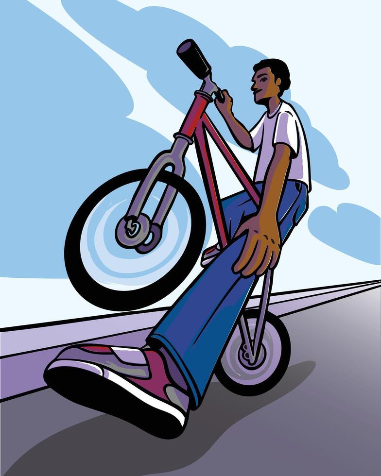 Bicycle wheelie stunt by young rider vector