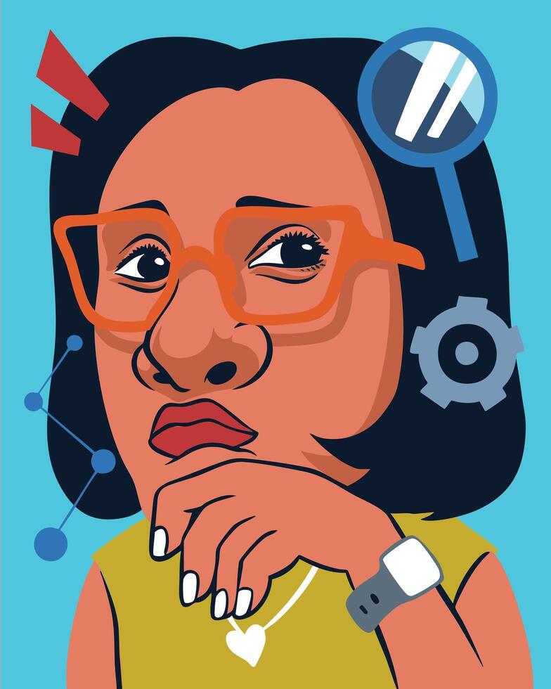 Thoughtful person with glasses and technology symbols vector