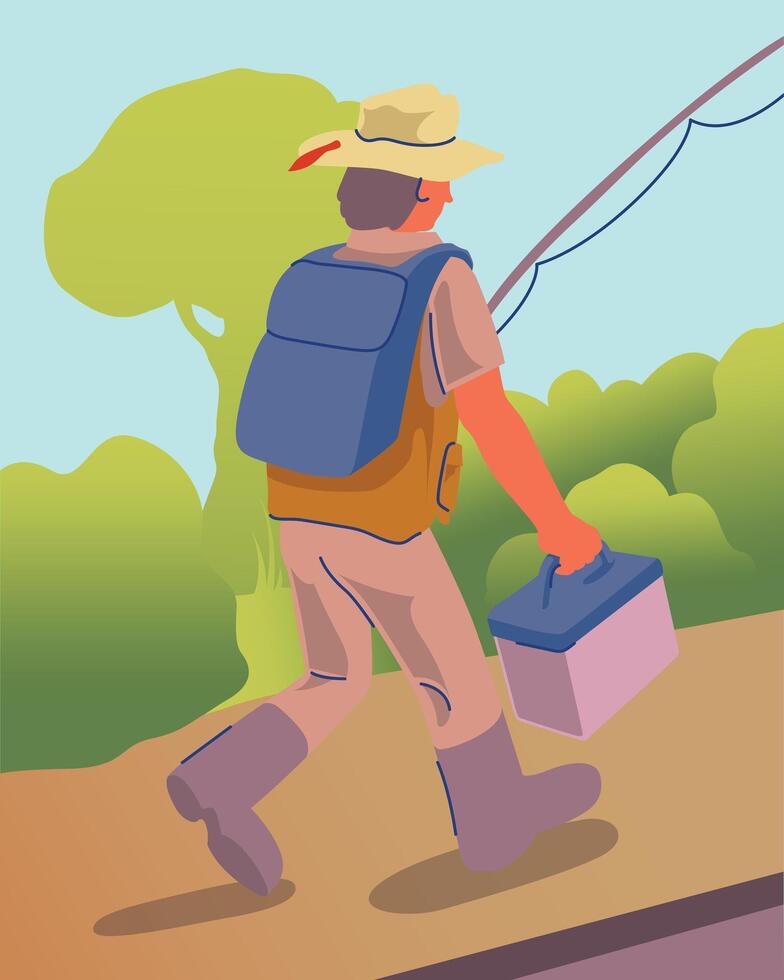 Fisherman walking with bait box vector