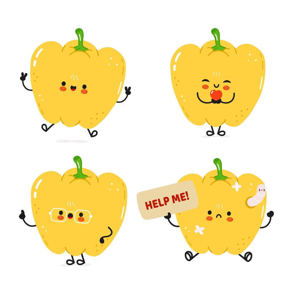 A set of four cartoon Bell Peppers showcasing different emotions, from happy to needing help. vector