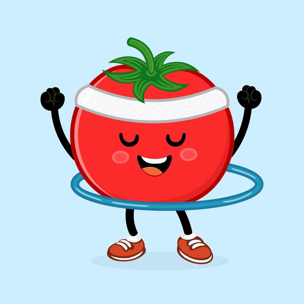 Tomato character spinning colorful hula hoop, demonstrating fitness enthusiasm with playful, energetic movement vector