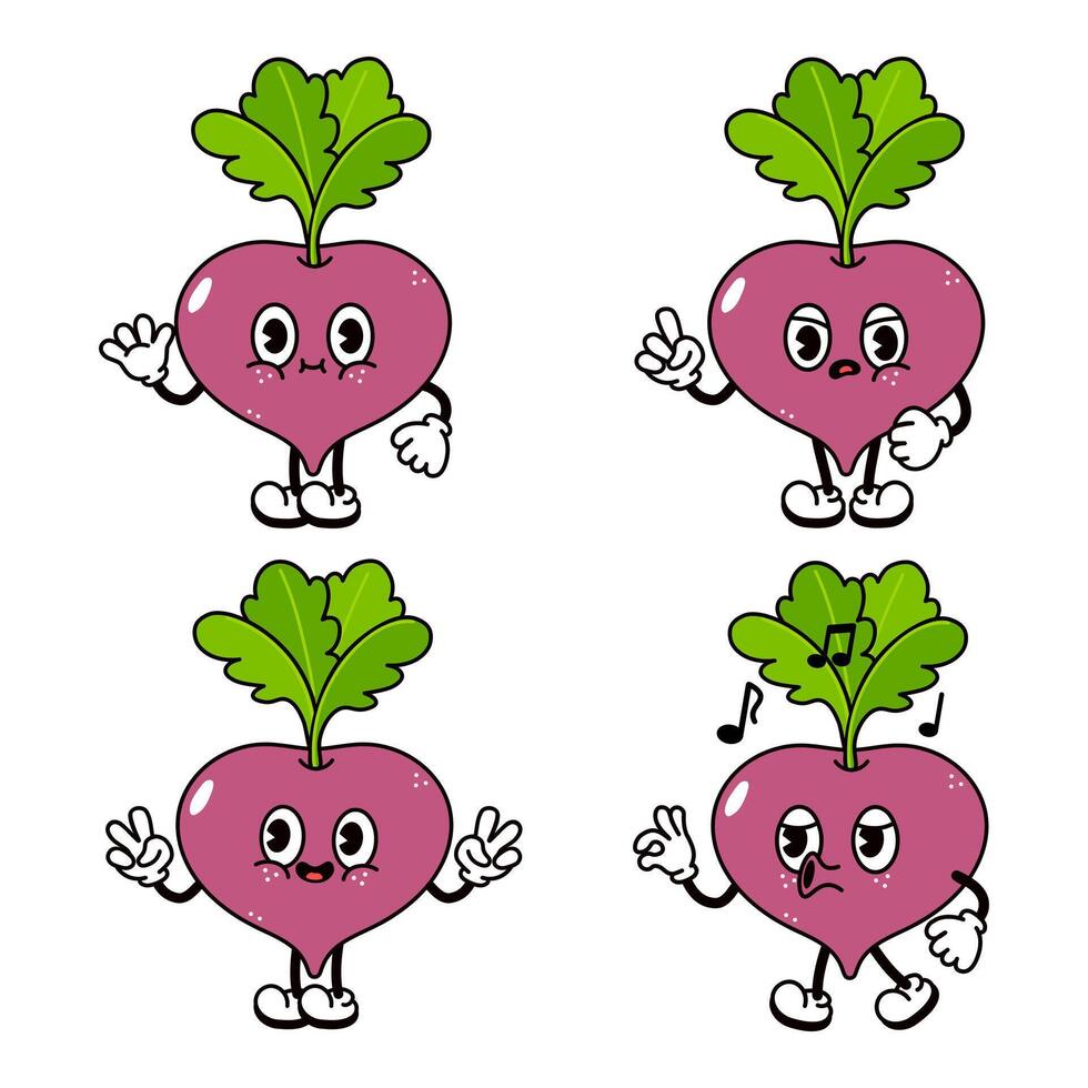 Four cute Beetroot cartoon characters showing different expressions and poses, ideal for healthy eating projects vector