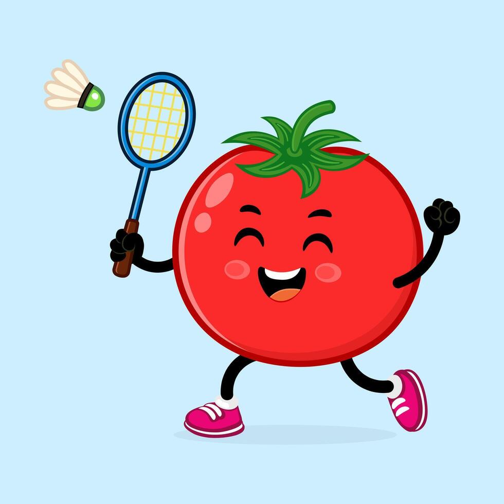 A happy Tomato playing badminton with a shuttlecock on a light blue background. vector