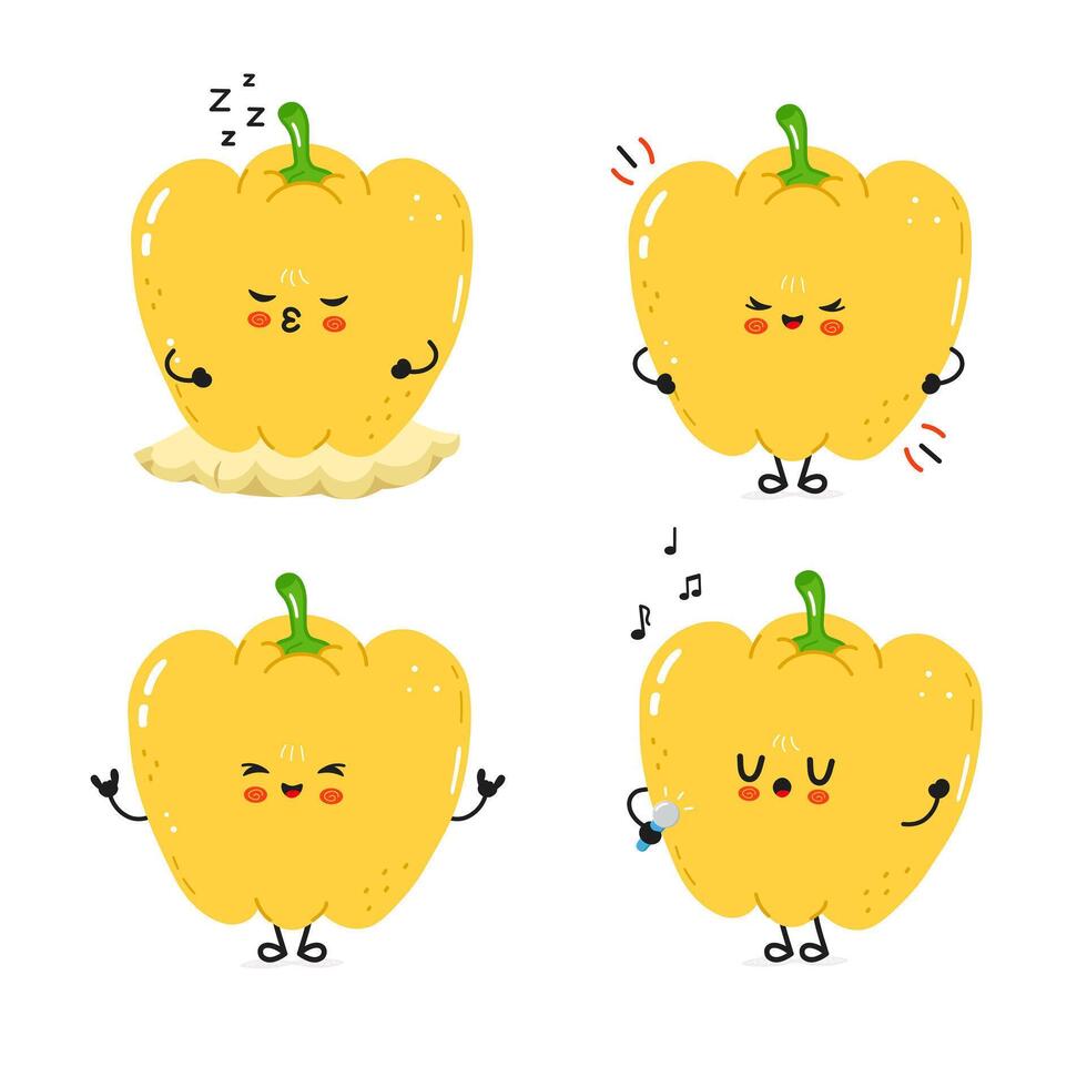 Delightful illustration of four cartoon Bell Peppers with various happy and funny expressions. vector