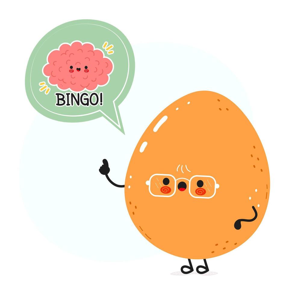 Cheerful orange egg character wearing glasses, pointing to brainstorming thought bubble with bingo text vector
