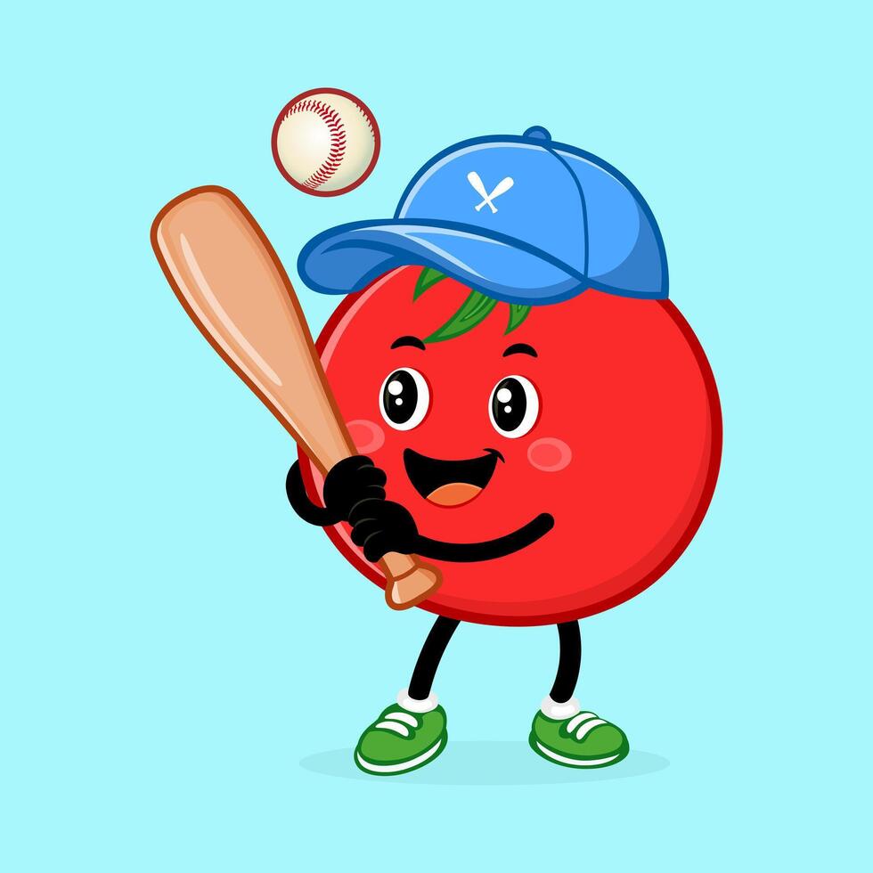 Smiling baseball player in blue cap and green shoes swinging wooden bat during game, ready to hit incoming pitch vector