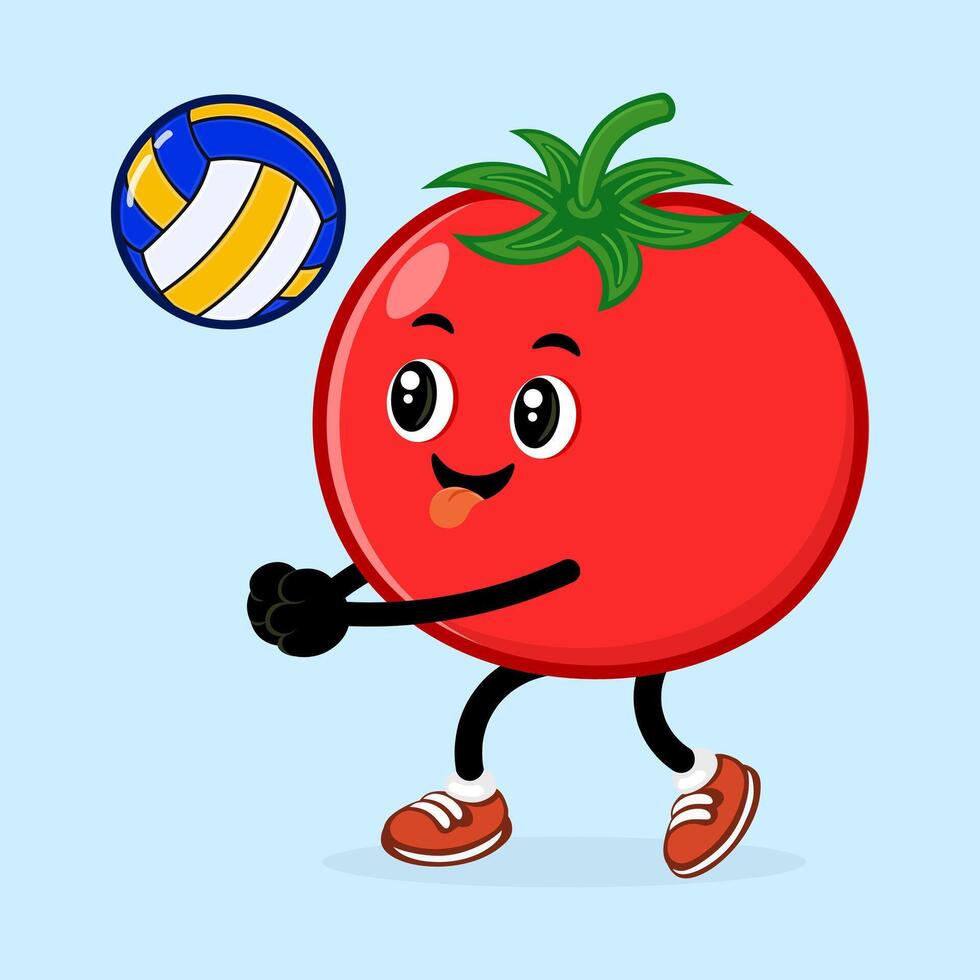 Cheerful tomato character spiking volleyball, representing playful nutrition and athletic lifestyle vector