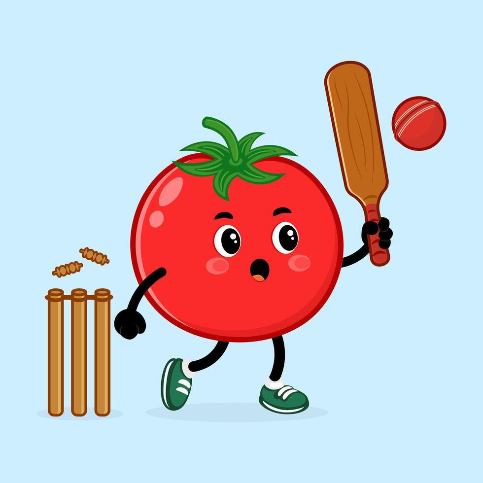A cheerful Tomato character enjoys a game of cricket with a bat and ball. vector