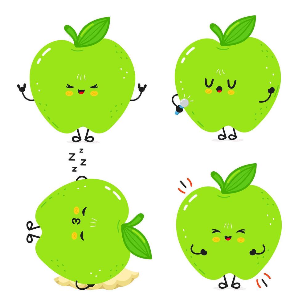 Four poses of a kawaii style Green Apple cartoon character meditating, singing, sleeping and flexing vector