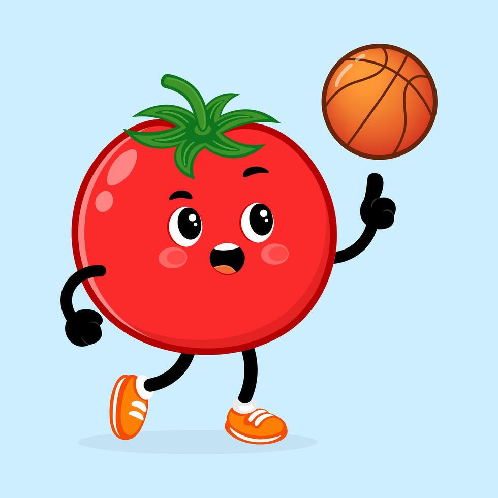 Playful Tomato character dribbling basketball, smiling and moving energetically across sports-themed backdrop vector