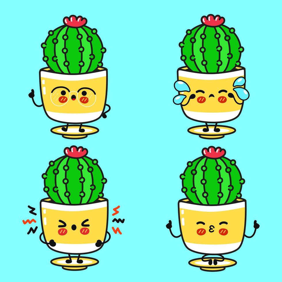 Four illustrations of a cute cartoon Cactus plant showing different emotions like happiness, sadness, anger and sleepiness vector