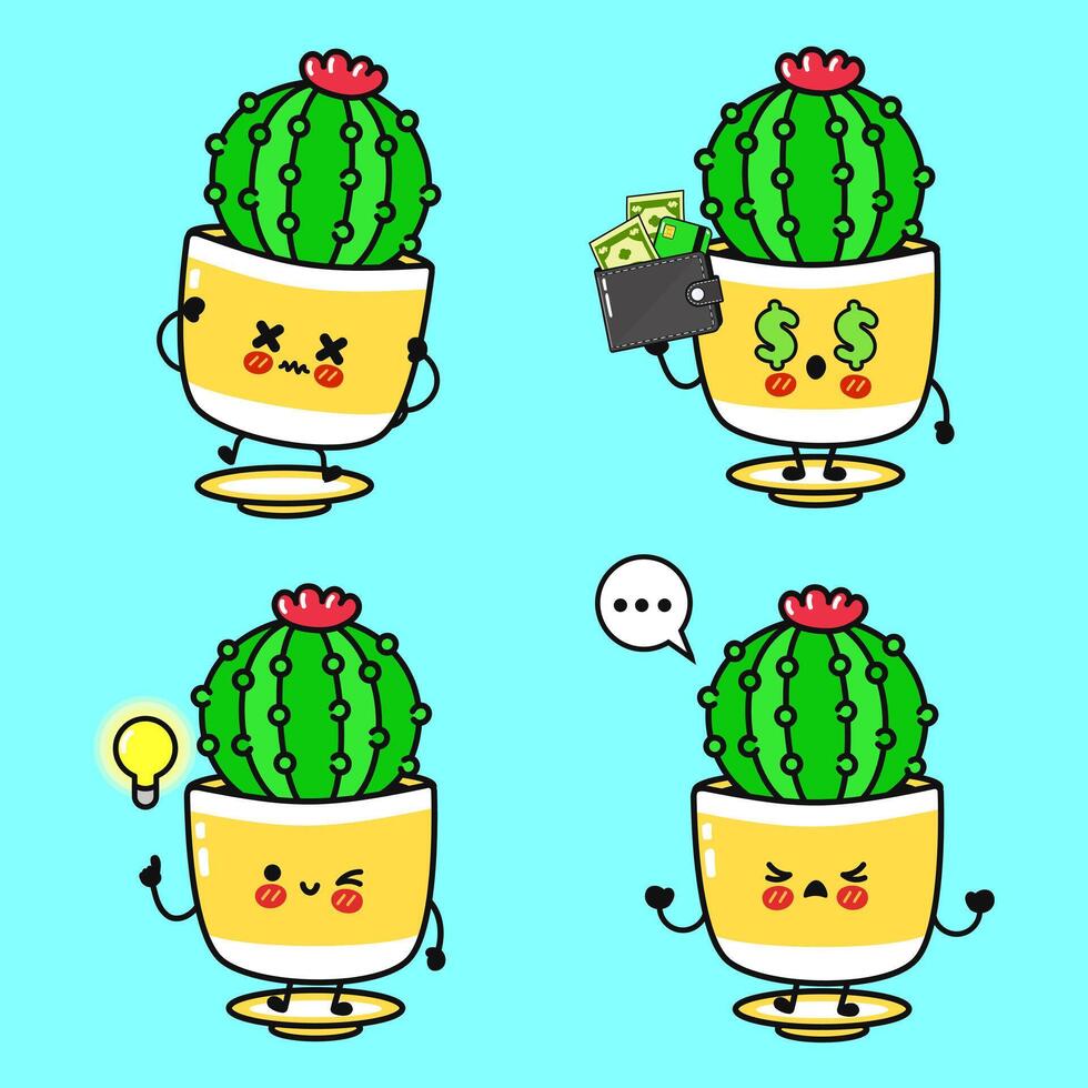Kawaii Cactus character expressing varied emotions, from joyful to melancholic, while gesturing with cash and contemplating creative concepts vector