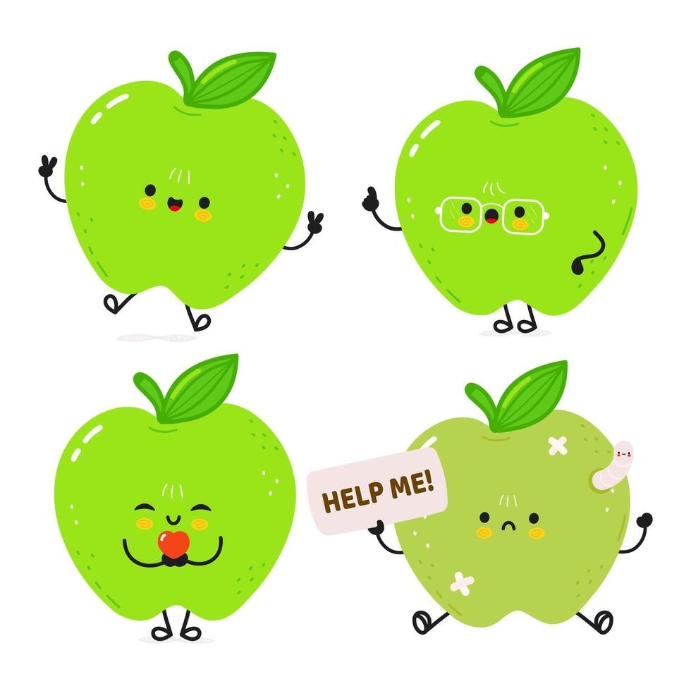 Green Apple characters wearing glasses, jumping playfully, blowing kisses, battling worm with bandages vector