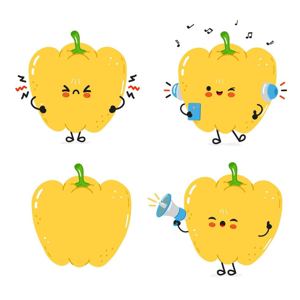 A set of four playful and expressive cartoon Yellow Peppers showing different emotions and actions. vector