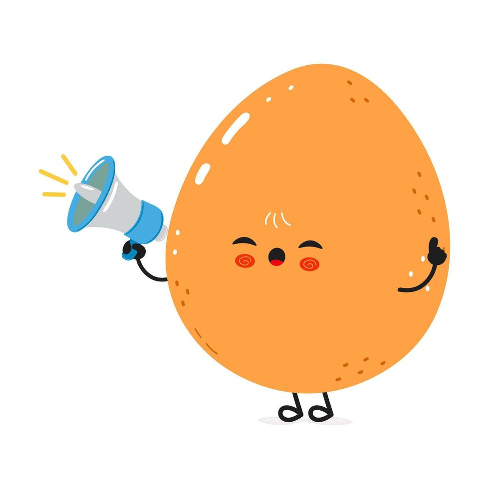 A cute cartoon Egg character is speaking through a megaphone, making an announcement with a cheerful expression. vector