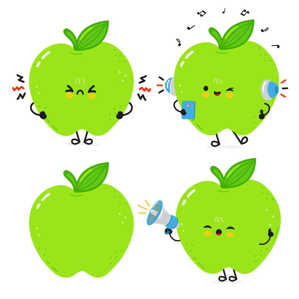 Four cute Green Apple cartoon characters with different facial expressions, listening music, getting angry and speaking with megaphone vector