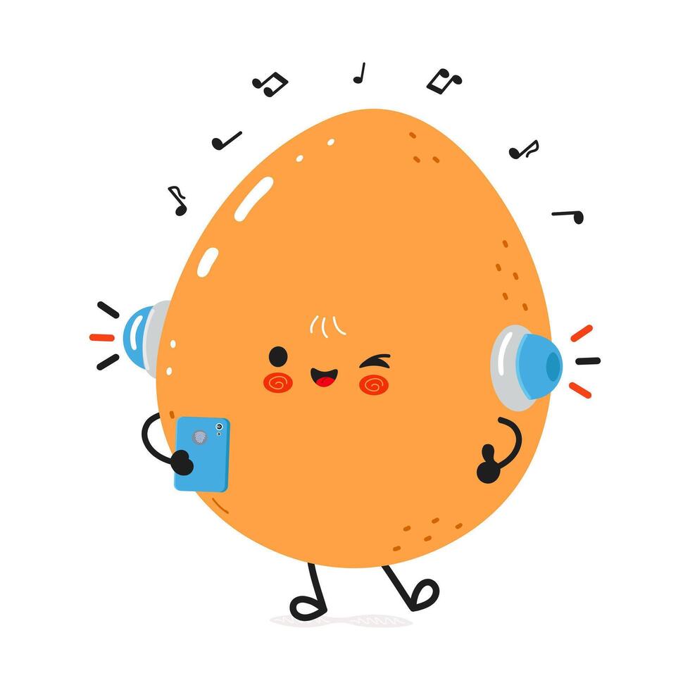 Cute Egg character enjoying music, holding a smartphone, and winking happily vector