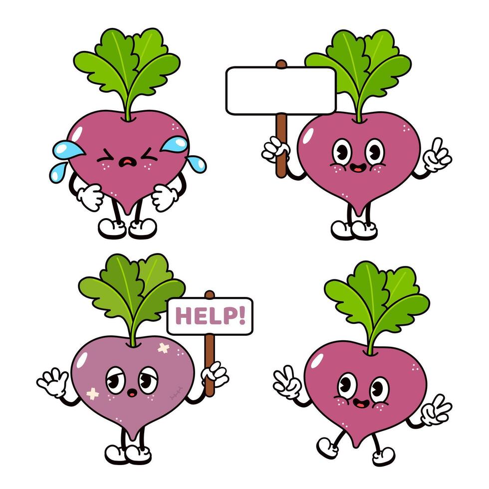 Playful Beetroot characters expressing varied emotions sad, happy, bored, pleading with whimsical cartoon styling vector