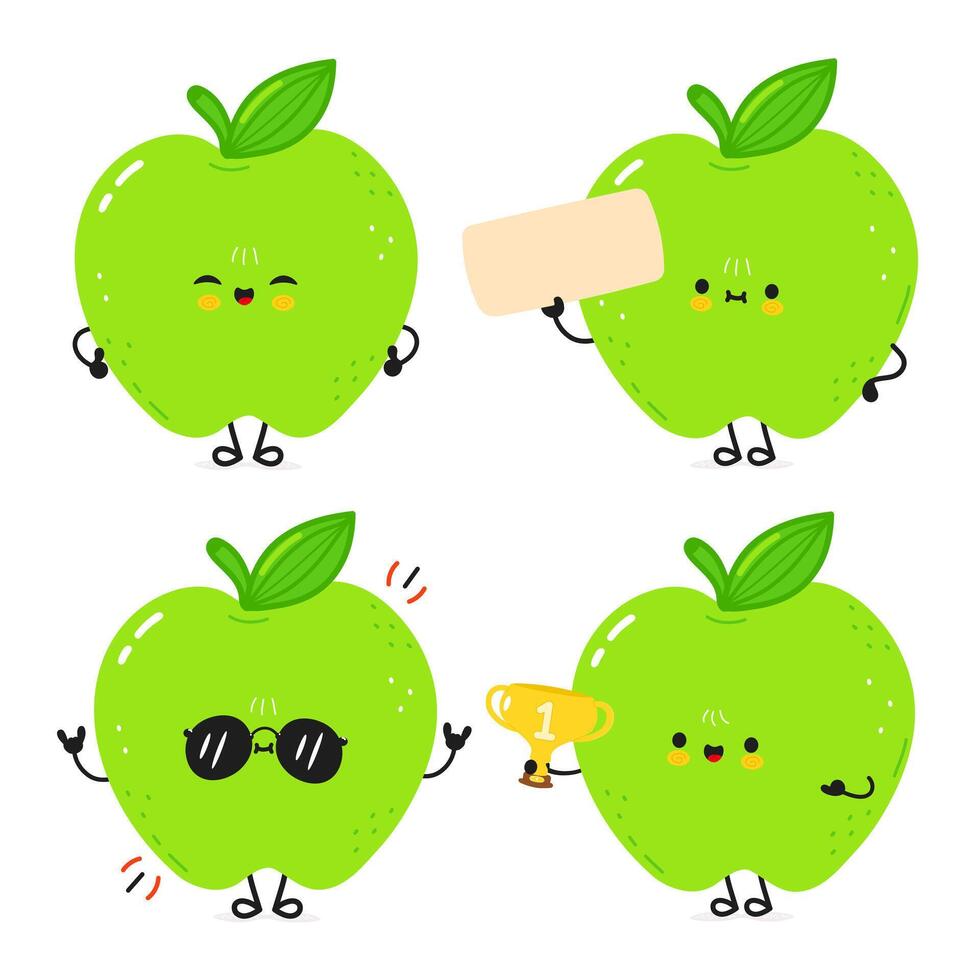 Four amusing cartoon Green Apples with diverse expressions and props for a playful concept. vector