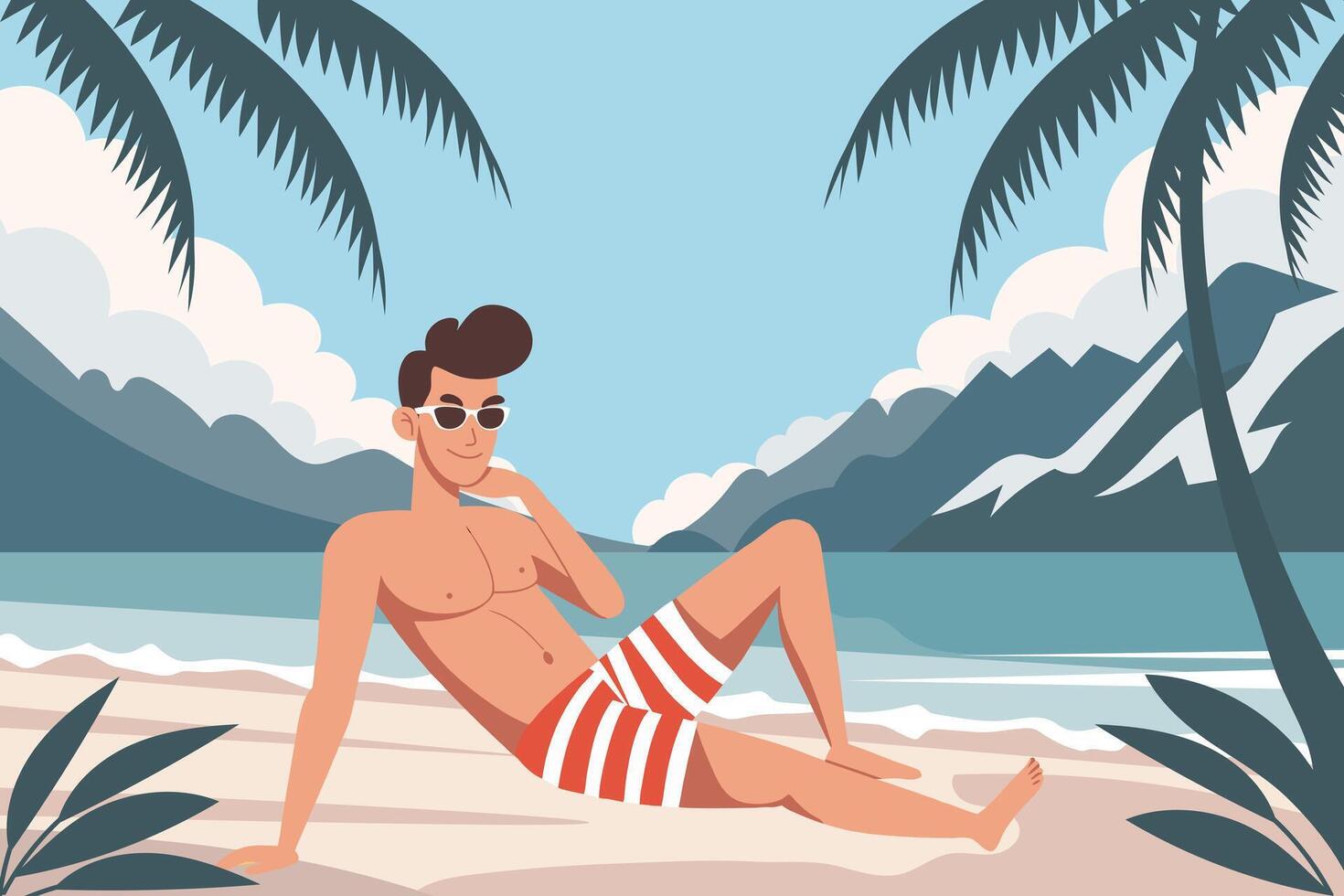 Time to travel. Young man sunbathing on the beach. Summer time, vacation concept. vector