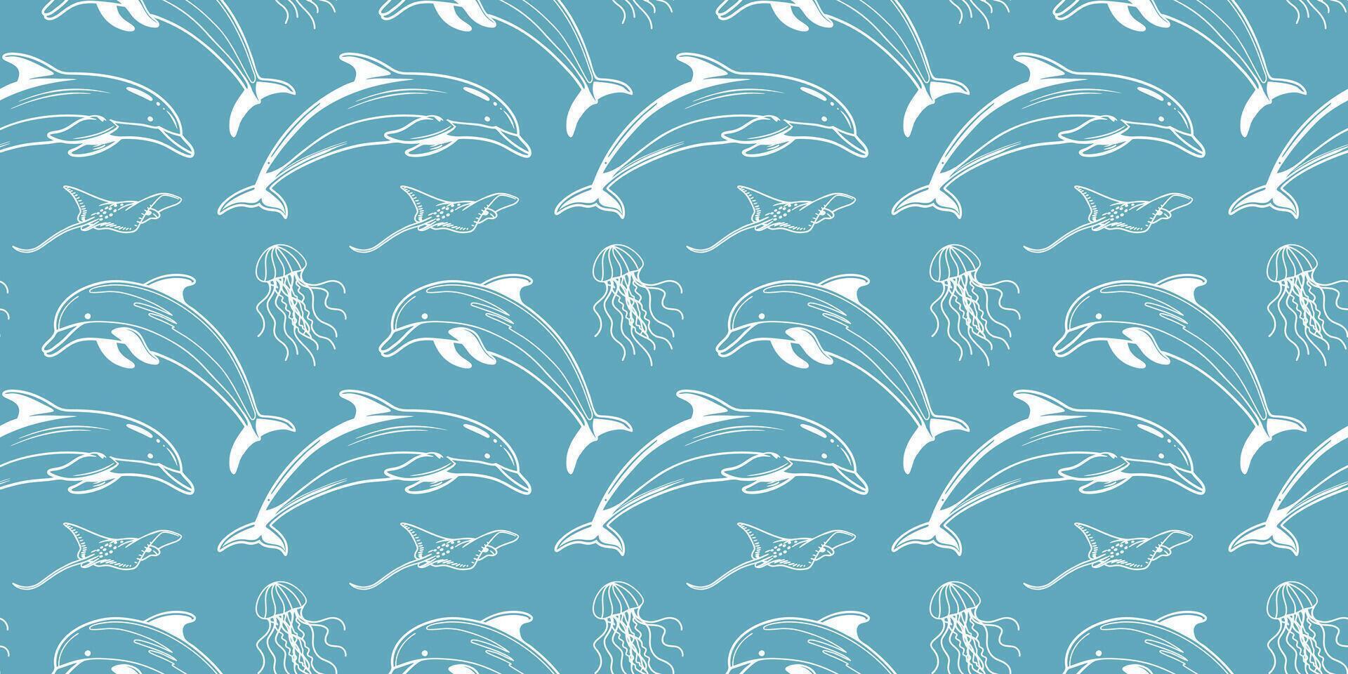 Seamless ocean life pattern with dolphins, jellyfish and rays. Hand drawn marine elements on blue background for fabric, packaging. vector