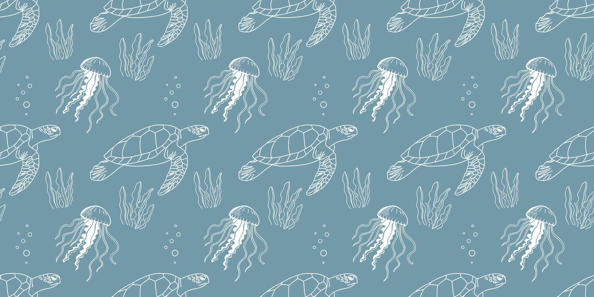 Seamless ocean life pattern with sea turtles, jellyfish and seaweed. Hand drawn marine elements on blue background for fabric, packaging. vector