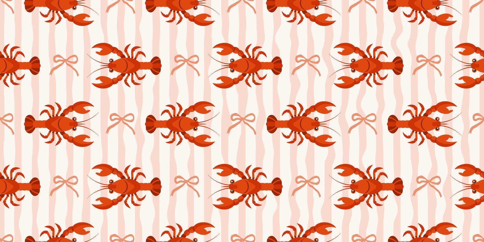Seamless pattern with lobsters and bows on pink and white wavy stripes. Summer repeating seafood pattern. Mediterranean background. vector