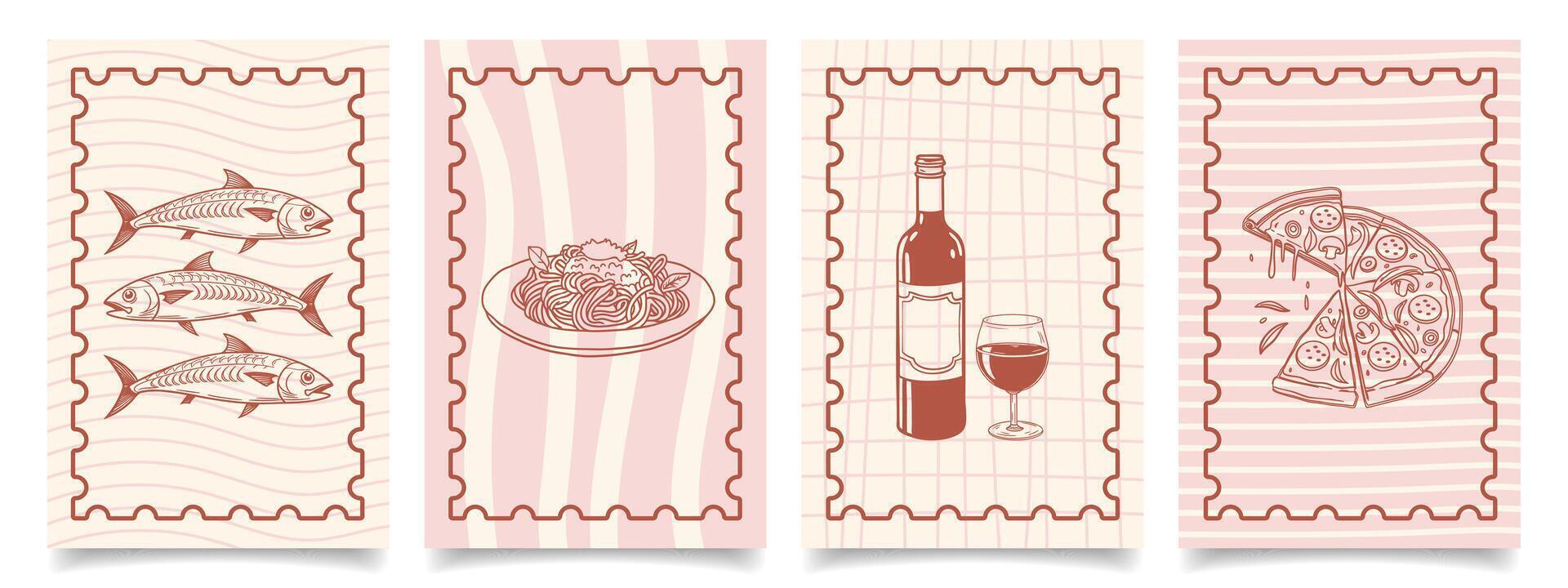 Collection of hand drawn Italian cuisine posters with fish, pasta, wine and pizza. Mediterranean set. Seafood menu cards. Sketch illustration. vector