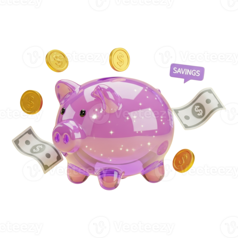 Stylized purple piggy bank with gold coins and dollar bills for financial savings png