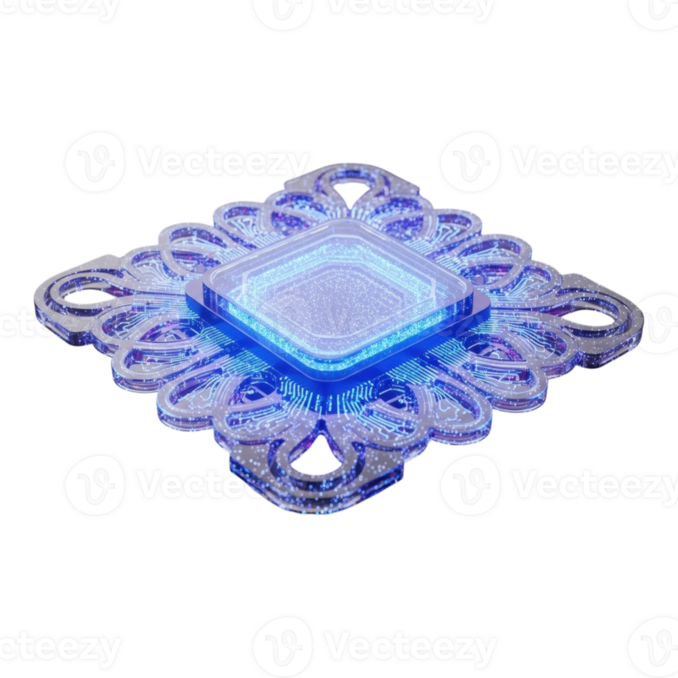 Futuristic quantum computing chip with intricate glowing circuitry design png