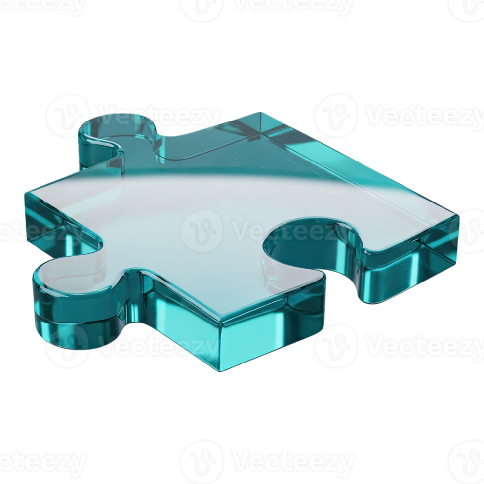 Glossy 3d translucent teal puzzle piece, single element, solution concept png