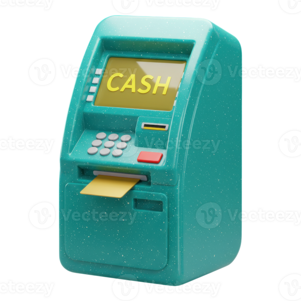 Modern 3D Teal ATM Machine with CASH Display and Credit Card for Financial Transactions png