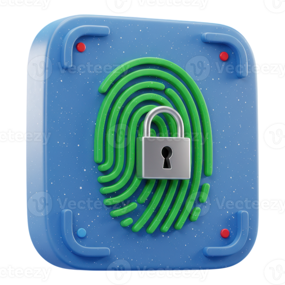 3D Fingerprint Scanner Icon with Padlock for Biometric Security and Data Protection png