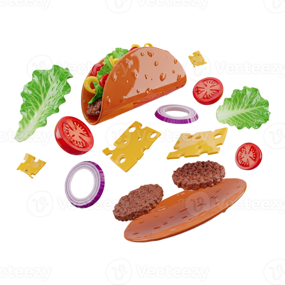 Vibrant deconstructed taco ingredients floating in an artistic arrangement png