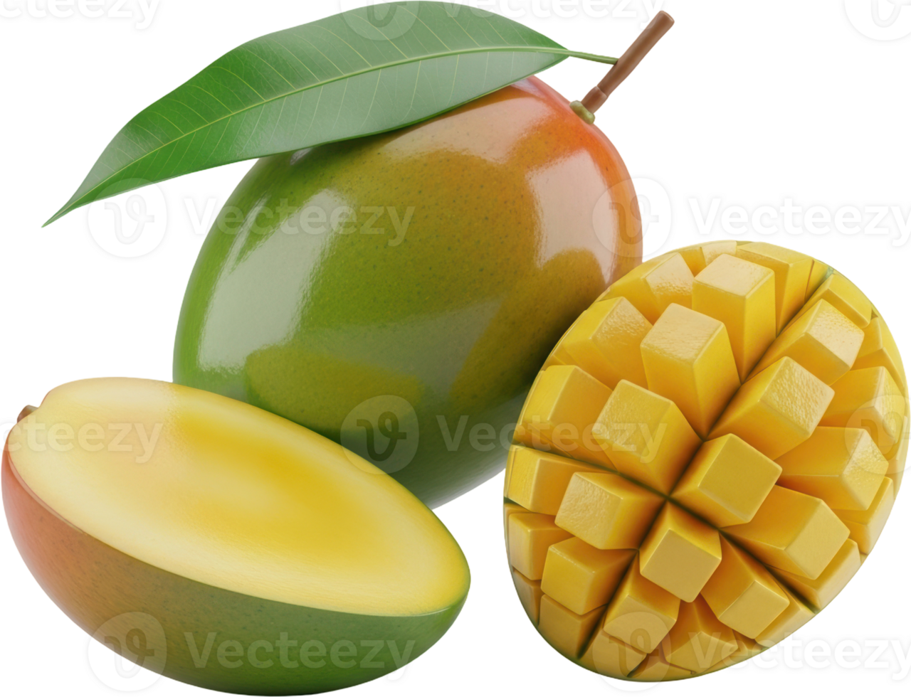 Ripe whole and sliced mangoes with leaf and cubed flesh for healthy eating png