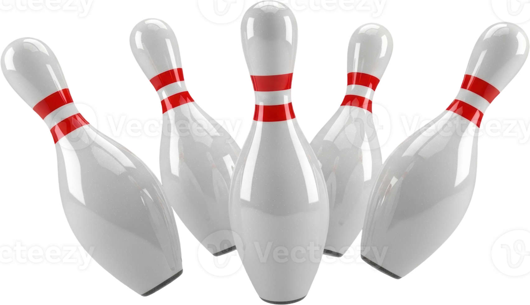 Five glossy white bowling pins with red stripes, ready for a perfect strike png