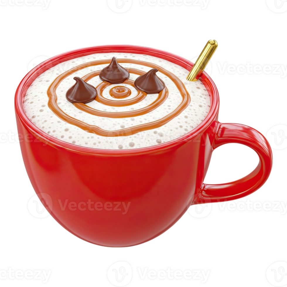 Glossy red mug filled with frothy hot chocolate, caramel swirls, and chocolate chips png