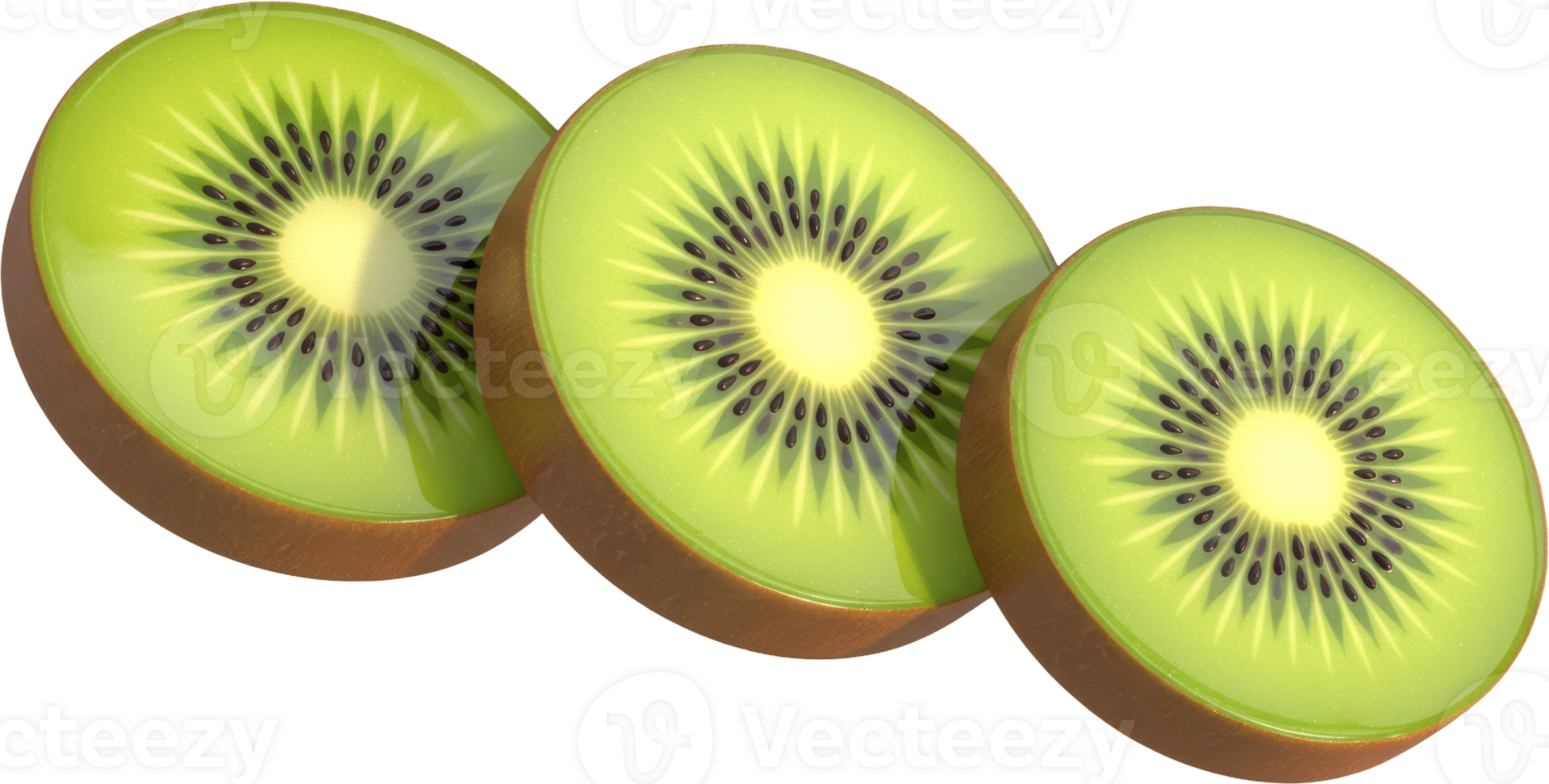 Three perfectly sliced kiwi fruit sections with vibrant green flesh and black seeds png
