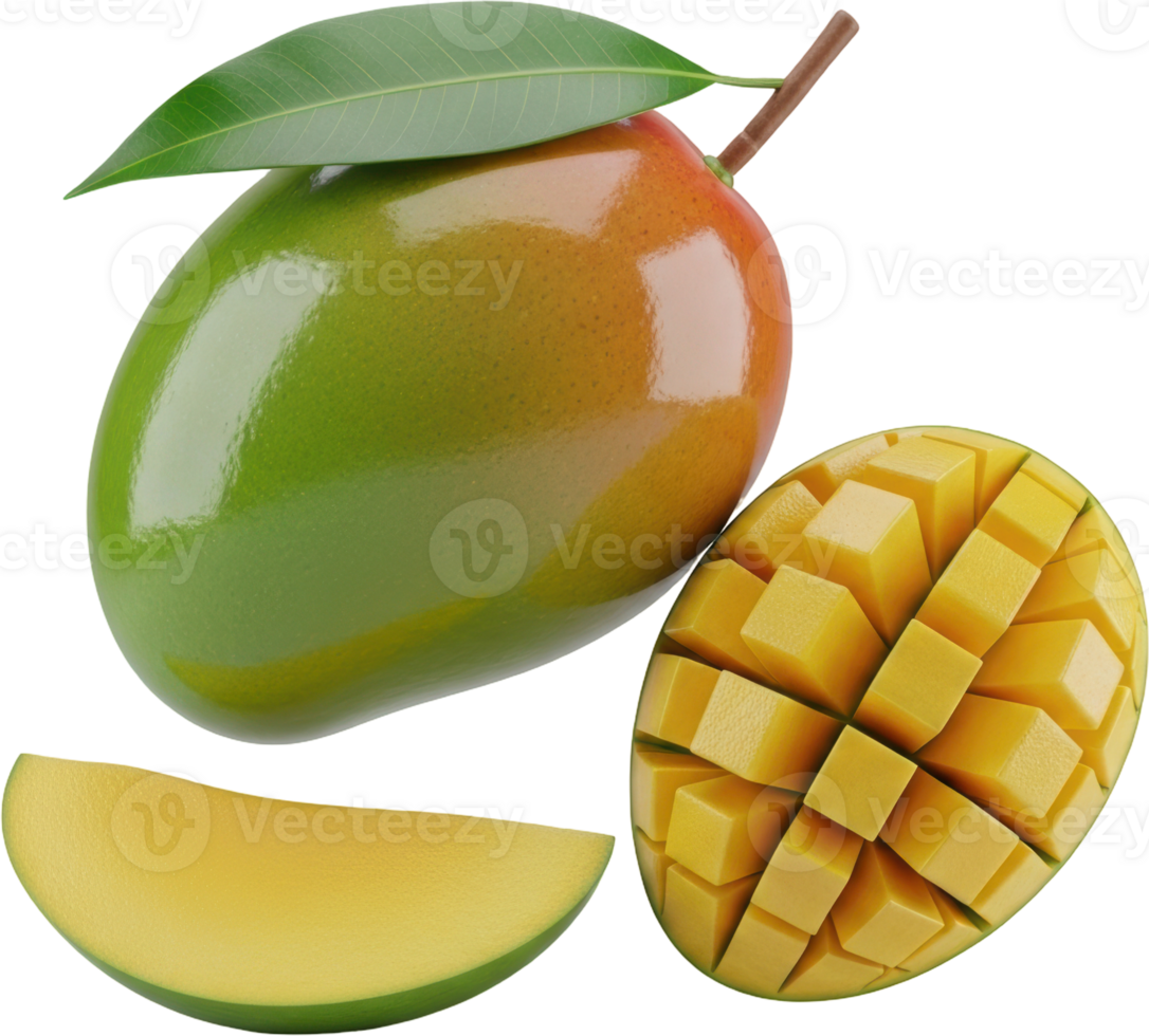 Fresh whole and sliced mangoes with leaf and stem for healthy tropical fruit concepts png
