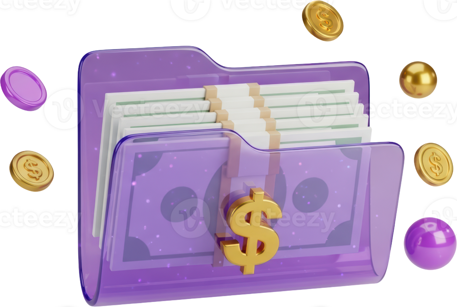 Purple financial folder with dollar bills and golden coins, symbolizing wealth and savings png