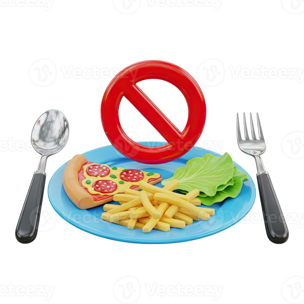 Red prohibition sign above a plate of pizza and fries, symbolizing diet restriction png