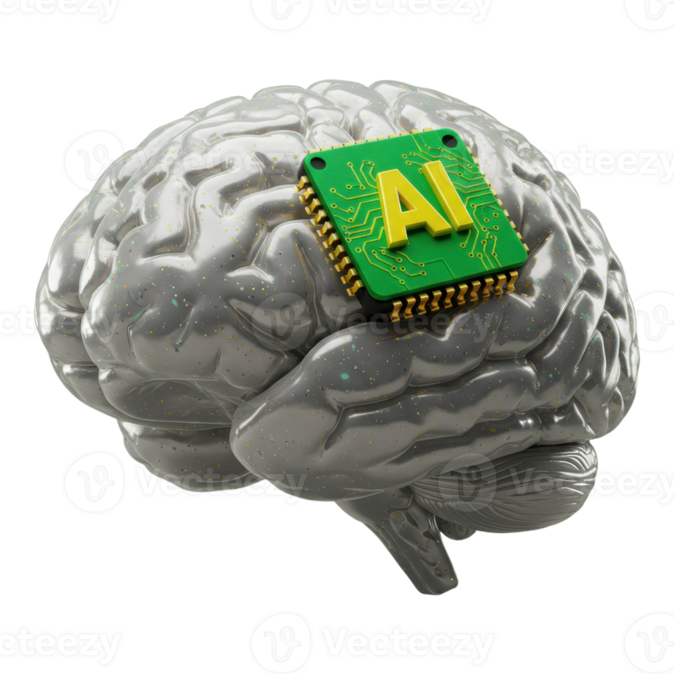 3D Human Brain Model with Embedded AI Microchip for Artificial Intelligence Concept png
