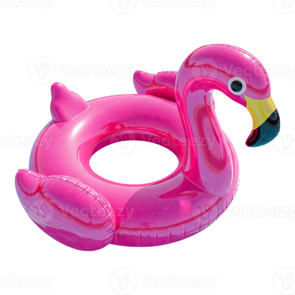 Glossy pink inflatable flamingo pool floatie for summer vacation and water activities png