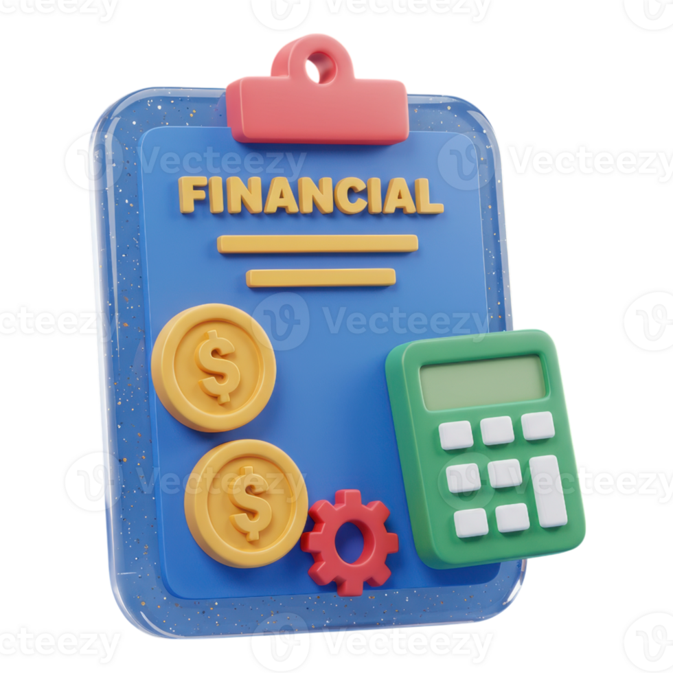 Financial Planning and Accounting, 3D Clipboard with Coins and Calculator png