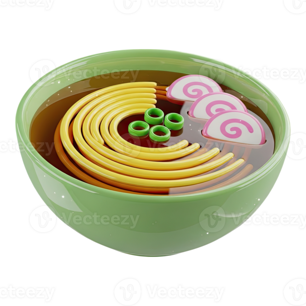 Vibrant 3d ramen bowl with coiled noodles, rich broth, and classic japanese toppings png
